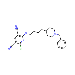 N#Cc1cc(C#N)c(NCCCCC2CCN(Cc3ccccc3)CC2)nc1Cl ZINC000096913143