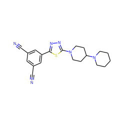 N#Cc1cc(C#N)cc(-c2nnc(N3CCC(N4CCCCC4)CC3)s2)c1 ZINC000066251253