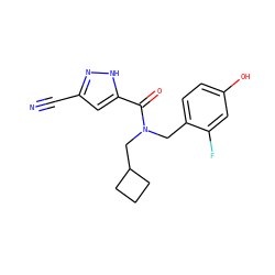 N#Cc1cc(C(=O)N(Cc2ccc(O)cc2F)CC2CCC2)[nH]n1 ZINC000103232648