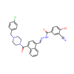 N#Cc1cc(C(=O)N/N=C/c2ccc(C(=O)N3CCN(Cc4ccc(Cl)cc4)CC3)c3ccccc23)ccc1O ZINC000027648129