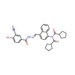 N#Cc1cc(C(=O)N/N=C/c2ccc(N(C(=O)C3CCCC3)C(=O)C3CCCC3)c3ccccc23)ccc1O ZINC000013492720