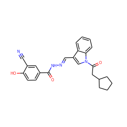 N#Cc1cc(C(=O)N/N=C/c2cn(C(=O)CC3CCCC3)c3ccccc23)ccc1O ZINC000013492717