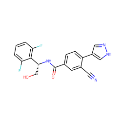 N#Cc1cc(C(=O)N[C@H](CO)c2c(F)cccc2F)ccc1-c1cn[nH]c1 ZINC001772635506