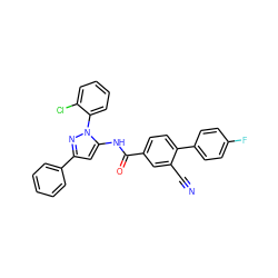 N#Cc1cc(C(=O)Nc2cc(-c3ccccc3)nn2-c2ccccc2Cl)ccc1-c1ccc(F)cc1 ZINC000071341919