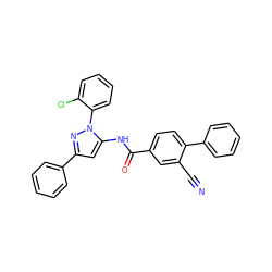 N#Cc1cc(C(=O)Nc2cc(-c3ccccc3)nn2-c2ccccc2Cl)ccc1-c1ccccc1 ZINC000071332373