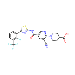 N#Cc1cc(C(=O)Nc2nc(-c3cccc(C(F)(F)F)c3F)cs2)cnc1N1CCC(C(=O)O)CC1 ZINC000044387451