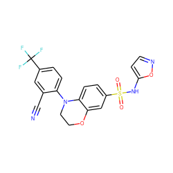 N#Cc1cc(C(F)(F)F)ccc1N1CCOc2cc(S(=O)(=O)Nc3ccno3)ccc21 ZINC000205724949