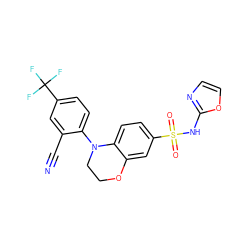 N#Cc1cc(C(F)(F)F)ccc1N1CCOc2cc(S(=O)(=O)Nc3ncco3)ccc21 ZINC000205732074