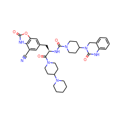 N#Cc1cc(C[C@@H](NC(=O)N2CCC(N3Cc4ccccc4NC3=O)CC2)C(=O)N2CCC(N3CCCCC3)CC2)cc2oc(=O)[nH]c12 ZINC000095588650