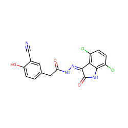 N#Cc1cc(CC(=O)N/N=C2\C(=O)Nc3c(Cl)ccc(Cl)c32)ccc1O ZINC000072179209