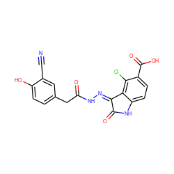 N#Cc1cc(CC(=O)N/N=C2\C(=O)Nc3ccc(C(=O)O)c(Cl)c32)ccc1O ZINC000072181720