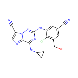 N#Cc1cc(CO)c(Cl)c(Nc2nc(NC3CC3)c3ncc(C#N)n3n2)c1 ZINC000169711962