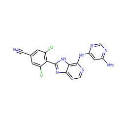 N#Cc1cc(Cl)c(-c2nc3ccnc(Nc4cc(N)ncn4)c3[nH]2)c(Cl)c1 ZINC000144529963