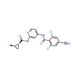 N#Cc1cc(Cl)c(C(=O)Nc2ccnc(NC(=O)[C@H]3C[C@H]3F)c2)c(Cl)c1 ZINC000095920927