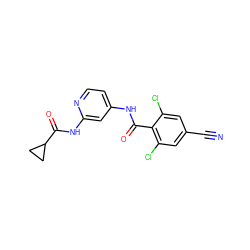 N#Cc1cc(Cl)c(C(=O)Nc2ccnc(NC(=O)C3CC3)c2)c(Cl)c1 ZINC000095920928