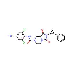 N#Cc1cc(Cl)c(NC(=O)N2CCN3C(=O)N([C@H]4C[C@@H]4c4ccccc4)C(=O)[C@@H]3C2)c(Cl)c1 ZINC000072105953