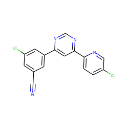 N#Cc1cc(Cl)cc(-c2cc(-c3ccc(Cl)cn3)ncn2)c1 ZINC000221100227