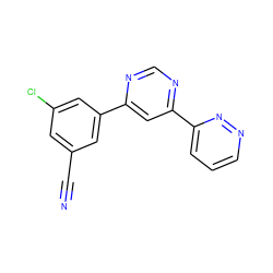 N#Cc1cc(Cl)cc(-c2cc(-c3cccnn3)ncn2)c1 ZINC000473087605