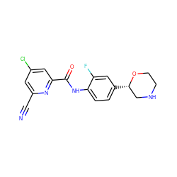 N#Cc1cc(Cl)cc(C(=O)Nc2ccc([C@H]3CNCCO3)cc2F)n1 ZINC000150002948