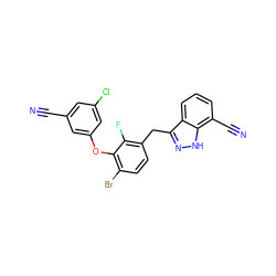 N#Cc1cc(Cl)cc(Oc2c(Br)ccc(Cc3n[nH]c4c(C#N)cccc34)c2F)c1 ZINC000040861702