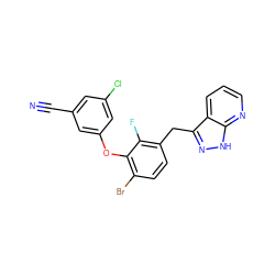 N#Cc1cc(Cl)cc(Oc2c(Br)ccc(Cc3n[nH]c4ncccc34)c2F)c1 ZINC000040848269