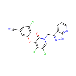 N#Cc1cc(Cl)cc(Oc2c(Cl)c(Cl)cn(Cc3n[nH]c4ncccc34)c2=O)c1 ZINC000082156384