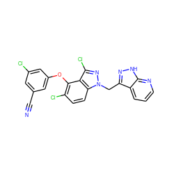N#Cc1cc(Cl)cc(Oc2c(Cl)ccc3c2c(Cl)nn3Cc2n[nH]c3ncccc23)c1 ZINC000073220531