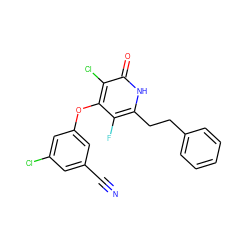 N#Cc1cc(Cl)cc(Oc2c(F)c(CCc3ccccc3)[nH]c(=O)c2Cl)c1 ZINC000140220151