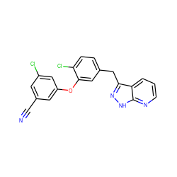 N#Cc1cc(Cl)cc(Oc2cc(Cc3n[nH]c4ncccc34)ccc2Cl)c1 ZINC000073390189