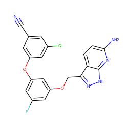 N#Cc1cc(Cl)cc(Oc2cc(F)cc(OCc3n[nH]c4nc(N)ccc34)c2)c1 ZINC000034891792