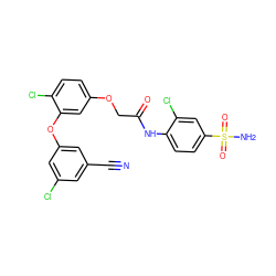 N#Cc1cc(Cl)cc(Oc2cc(OCC(=O)Nc3ccc(S(N)(=O)=O)cc3Cl)ccc2Cl)c1 ZINC000029046156