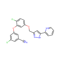 N#Cc1cc(Cl)cc(Oc2cc(OCc3cc(-c4ccccn4)[nH]n3)ccc2Cl)c1 ZINC000068245356