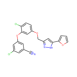 N#Cc1cc(Cl)cc(Oc2cc(OCc3cc(-c4ccco4)[nH]n3)ccc2Cl)c1 ZINC000072109312