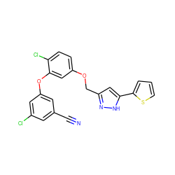 N#Cc1cc(Cl)cc(Oc2cc(OCc3cc(-c4cccs4)[nH]n3)ccc2Cl)c1 ZINC000068245358