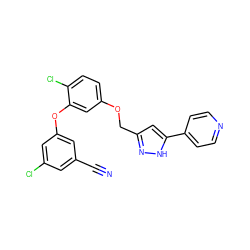 N#Cc1cc(Cl)cc(Oc2cc(OCc3cc(-c4ccncc4)[nH]n3)ccc2Cl)c1 ZINC000068245354