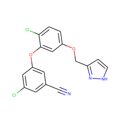 N#Cc1cc(Cl)cc(Oc2cc(OCc3cc[nH]n3)ccc2Cl)c1 ZINC000072107954