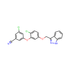 N#Cc1cc(Cl)cc(Oc2cc(OCc3n[nH]c4ccccc34)ccc2Cl)c1 ZINC000029044989