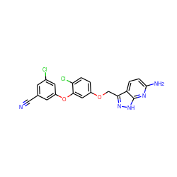 N#Cc1cc(Cl)cc(Oc2cc(OCc3n[nH]c4nc(N)ccc34)ccc2Cl)c1 ZINC000034891728