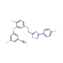 N#Cc1cc(Cl)cc(Oc2cc(OCc3nc(-c4ccc(Cl)cc4)no3)ccc2Cl)c1 ZINC000072109929