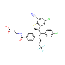 N#Cc1cc(Cl)cc2c([C@H](c3ccc(Cl)cc3)[C@H](CCC(F)(F)F)c3ccc(C(=O)NCCC(=O)O)cc3)csc12 ZINC000141252967