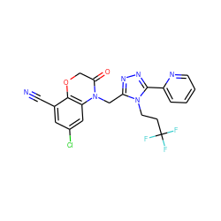 N#Cc1cc(Cl)cc2c1OCC(=O)N2Cc1nnc(-c2ccccn2)n1CCC(F)(F)F ZINC000071340943