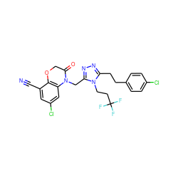 N#Cc1cc(Cl)cc2c1OCC(=O)N2Cc1nnc(CCc2ccc(Cl)cc2)n1CCC(F)(F)F ZINC000071340495