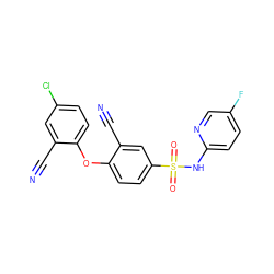 N#Cc1cc(Cl)ccc1Oc1ccc(S(=O)(=O)Nc2ccc(F)cn2)cc1C#N ZINC000473198575