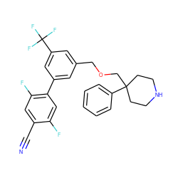 N#Cc1cc(F)c(-c2cc(COCC3(c4ccccc4)CCNCC3)cc(C(F)(F)F)c2)cc1F ZINC000201225762