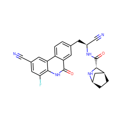 N#Cc1cc(F)c2[nH]c(=O)c3cc(C[C@@H](C#N)NC(=O)[C@H]4N[C@@H]5CC[C@H]4C5)ccc3c2c1 ZINC000219293003