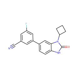 N#Cc1cc(F)cc(-c2ccc3[nH]c(=O)n(C4CCC4)c3c2)c1 ZINC000028469232