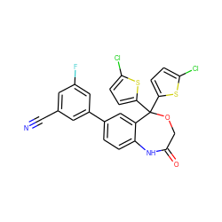 N#Cc1cc(F)cc(-c2ccc3c(c2)C(c2ccc(Cl)s2)(c2ccc(Cl)s2)OCC(=O)N3)c1 ZINC000042878714