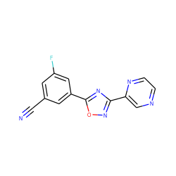 N#Cc1cc(F)cc(-c2nc(-c3cnccn3)no2)c1 ZINC000095552555