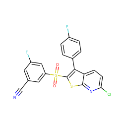 N#Cc1cc(F)cc(S(=O)(=O)c2sc3nc(Cl)ccc3c2-c2ccc(F)cc2)c1 ZINC000299861516