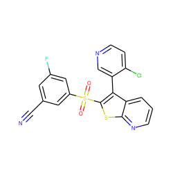 N#Cc1cc(F)cc(S(=O)(=O)c2sc3ncccc3c2-c2cnccc2Cl)c1 ZINC000299861752